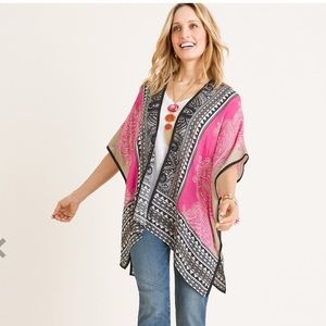 Chico's Pink/Black/Beige Embroidered Oversized Open Front Paisley Ruana Wrap S/M